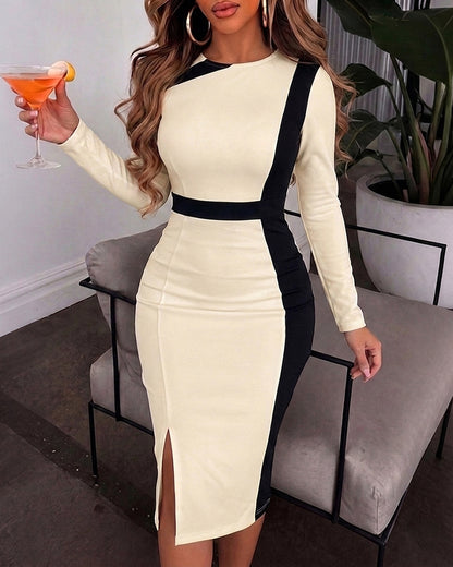 Vestido midi para mujer con ribete en contraste, manga larga, corte lápiz para oficina, entallado y con abertura lateral