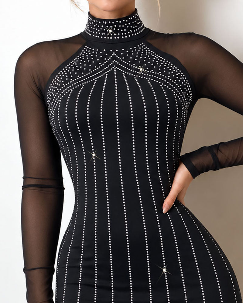 Robe moulante à manches longues et col montant en strass pour femmes, Mini robe de soirée