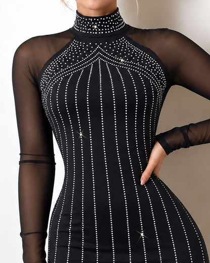 Robe moulante à manches longues et col montant en strass pour femmes, Mini robe de soirée
