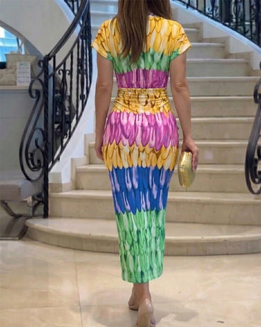 Multi-color Print Deep V-Neck Front Slit Dress Casual Twist Front Cinched Waist Vacation Dress