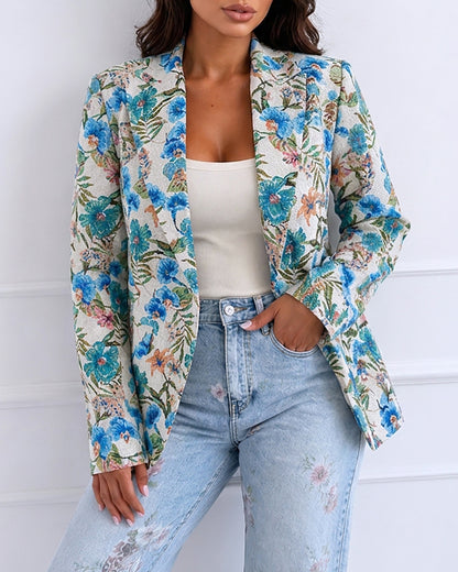 Women's Vintage Floral Jacquard Blazer Elegant Single Breasted Lapel Collar Coat