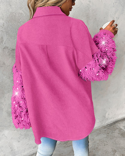 Contrast Sequin Turn-down Collar Long Sleeve Tassel Design Fuzzy Shacket with Pocket