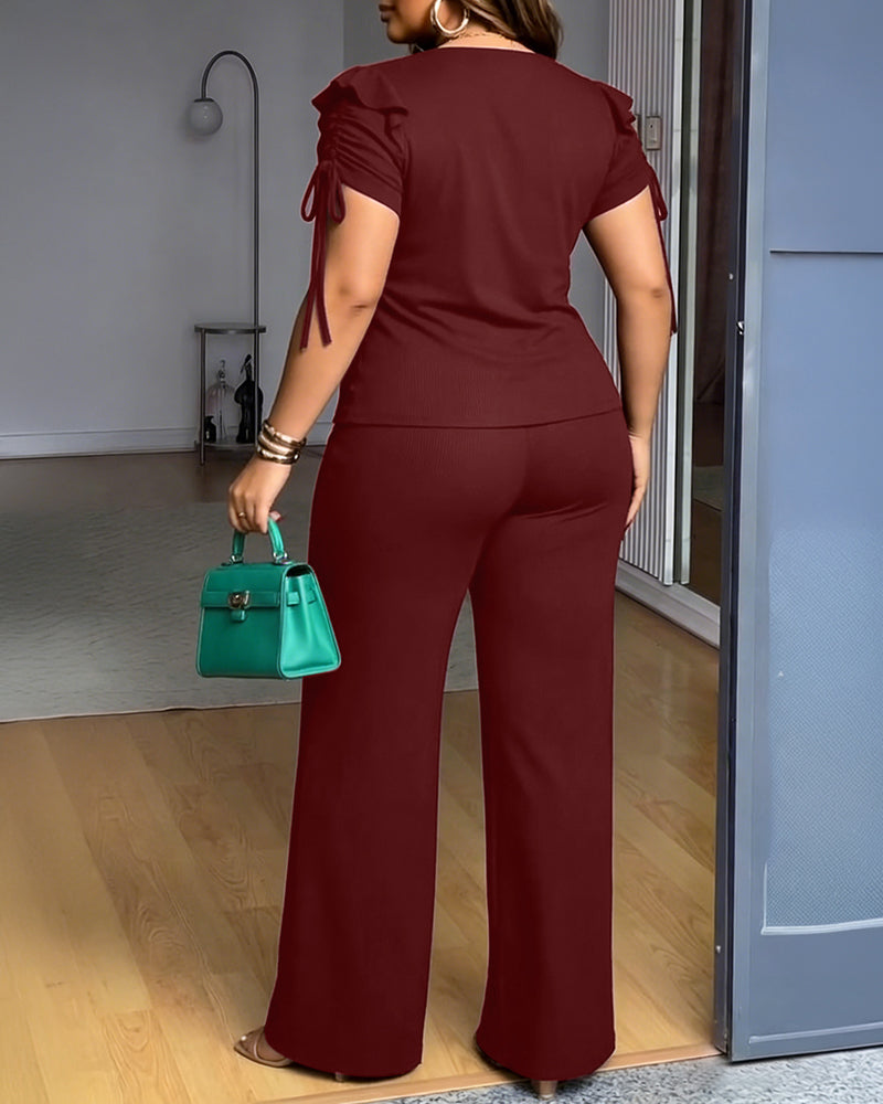 2 Pieces Outfit Ruffles Decor Drawstring Short Sleeve Top and Casual Elastic Waist Seam Front Wide Leg Pants Set