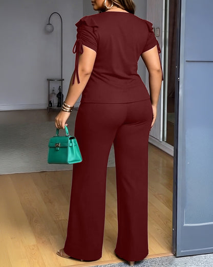 2 Pieces Outfit Ruffles Decor Drawstring Short Sleeve Top and Casual Elastic Waist Seam Front Wide Leg Pants Set