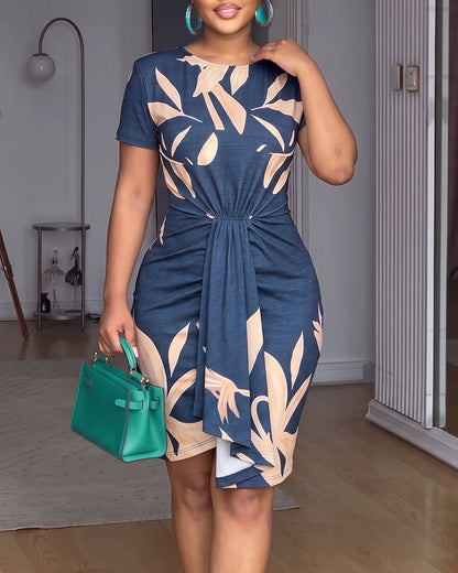 Women's Tropical Print Sleeveless Asymmetrical Hem Dress Slim Fit Draped Ruched Vacation Dress