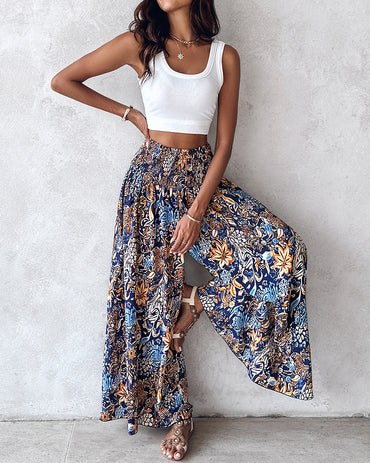 Boho Vintage Floral Print Shirred High Waist Wide Leg Pants