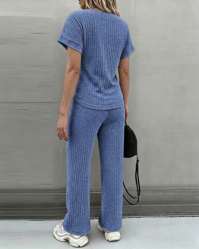 Women's 2 Piece Knit Set Lace Patchwork Short Sleeve Top and Wide Leg Pants Casual Ribbed Brushed Lounge Set