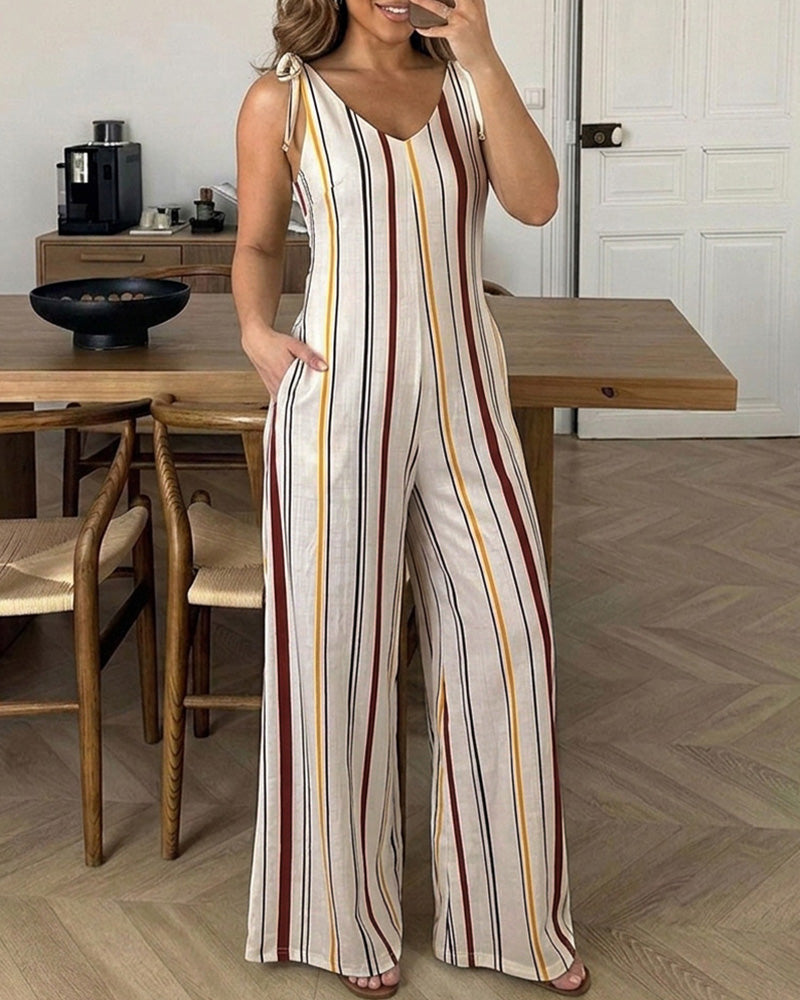 Women's V Neck Bow Tie Shoulder Striped Jumpsuit Casual Loose Wide Leg Overalls with Pockets