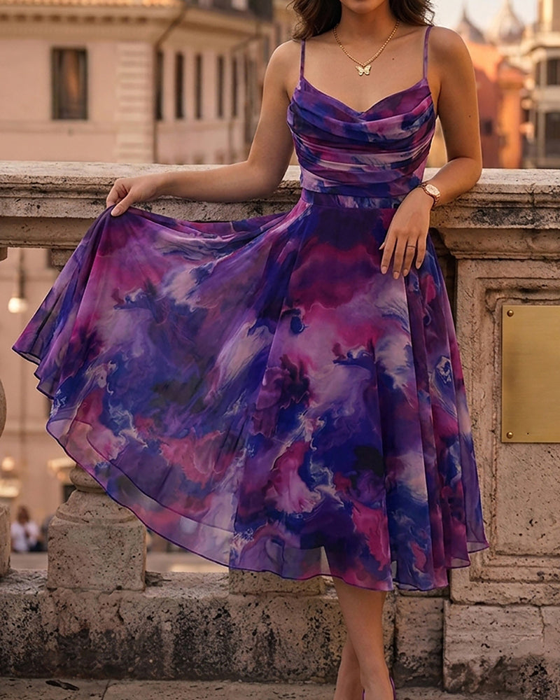 Ombre Print Spaghetti Strap Cowl Neck Dress Casual A Line Sheer Mesh Party Dress