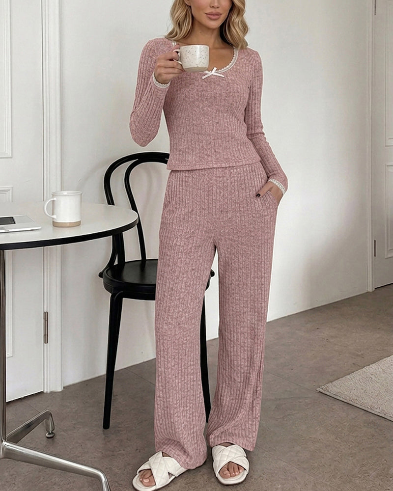 Women's 2 Piece Ribbed Lounge Sets Lace Trim Long Sleeve Top and High Waisted Pants Pajamas Sets with Pockets
