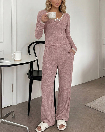 Women's 2 Piece Ribbed Lounge Sets Lace Trim Long Sleeve Top and High Waisted Pants Pajamas Sets with Pockets
