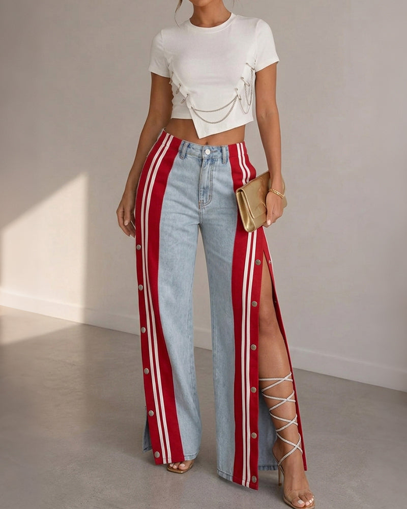 Women's High Waisted Wide Leg Jeans Side Contrast Stripe Patchwork Snap Button Denim Pants