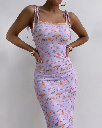 Women's Ditsy Floral Cami Dress Lace Trim Tie Strap Bodycon Dress Backless Slit Vacation Sundress