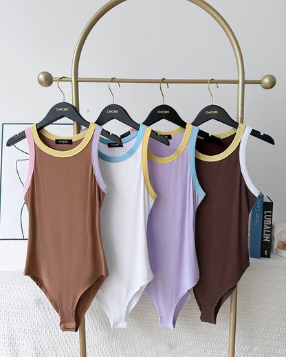 Women's Macaron Contrast Binding Bodysuit Ribbed Knit Sleeveless Slim Fit Bodysuit