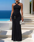 Women's Sexy Criss Cross Halter Neck Maxi Dress Backless Ruched Bodycon Dress Elegant Long Evening Gown