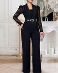 Women's Notched Lapel Jumpsuit Sheer Lace Long Sleeve Wide Leg Overalls Casual Evening Jumpsuit