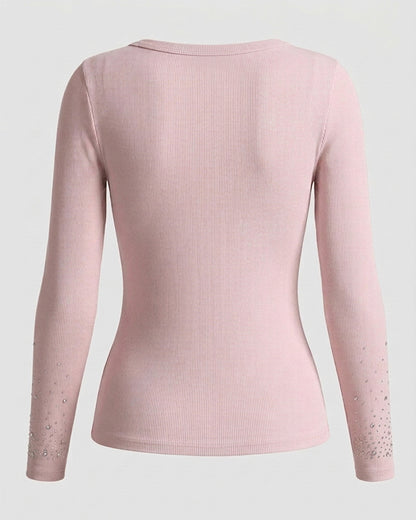 Women's Rhinestone Embellished Ribbed Long Sleeve Layering Top Slim Fit U-Neck Knit Tee Elegant Stretchy Pullover