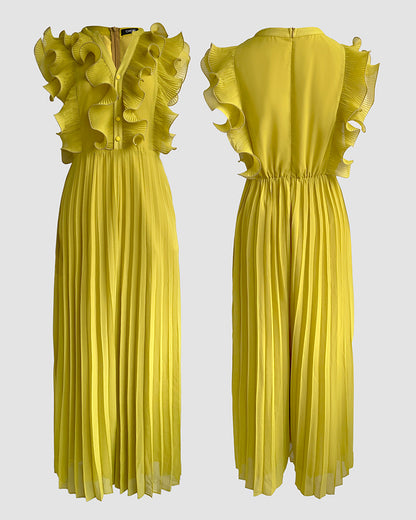 Ruffles Spliced V-Neck Sleeveless Button Front Pleated Overalls Casual Zipper Back Wide Leg Jumpsuit