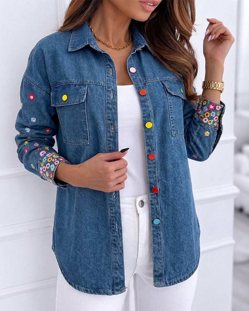 Veste en Jean brodée florale pour femmes, manteau en Jean boutonné coloré, veste délavée décontractée