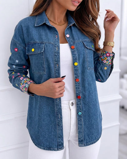 Veste en Jean brodée florale pour femmes, manteau en Jean boutonné coloré, veste délavée décontractée