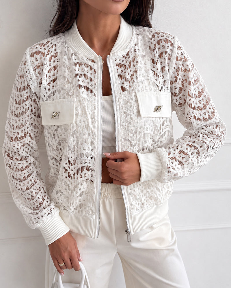 Women's Lace Hollow Out Bomber Jacket Sheer Wave Pattern Lace Zip Up Outerwear Ribbed Trim Coat