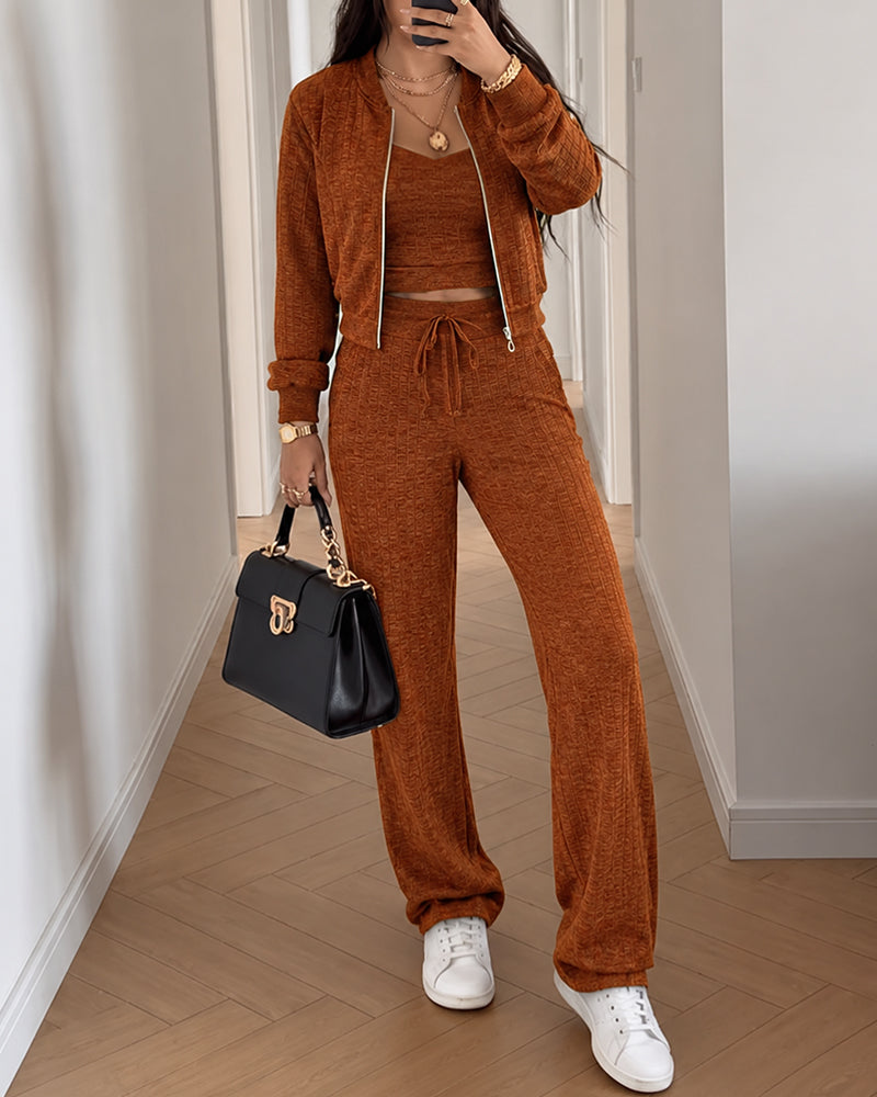 Women's 3 Piece Set Zip Up Jacket and Straight Leg Pants Set with V-Neck Cropped Camisole