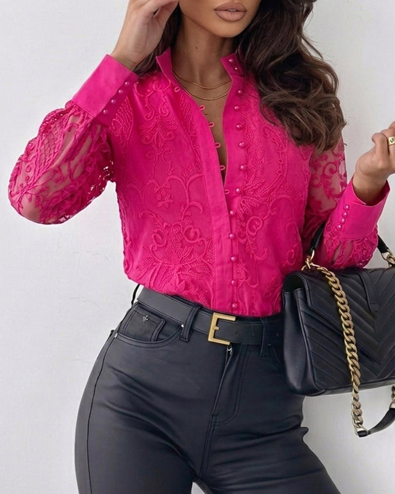 Women's Elegant Mesh Patchwork Shirt Floral Embroidery Stand Collar Pearl Button Long Sleeve Blouse
