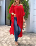 Women's Skew Neck Batwing Sleeve Tee Asymmetric Loose Cape Blouse Slit Elegant Top