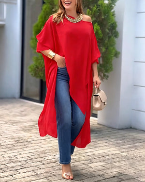 Camiseta femenina de escote asimétrico y mangas murciélago, blusa tipo capa holgada y asimétrica con abertura, top elegante