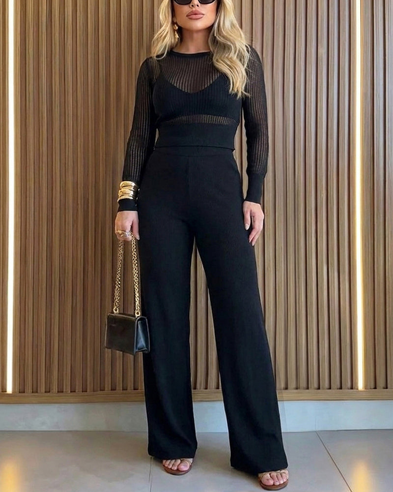 2 Pieces Outfit Round Neck Long Sleeve Semi-Sheer Crop Top and High Waist Elastic Waist Wide Leg Pants Set Casual Minimalist Ribbed Set