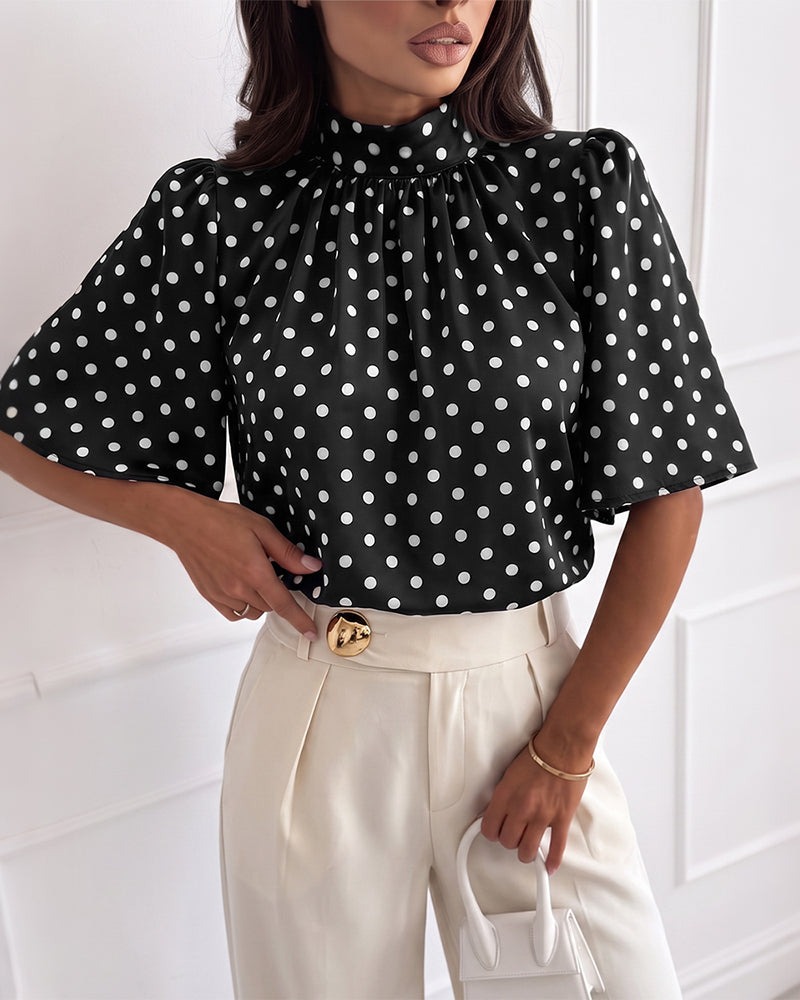 Women's Mock Neck Chiffon Blouse Polka Dot Ruched Elegant Flared Sleeve Top Casual Office Commute Shirt
