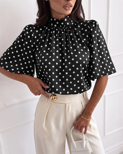 Women's Mock Neck Chiffon Blouse Polka Dot Ruched Elegant Flared Sleeve Top Casual Office Commute Shirt