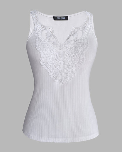 Contrast Lace V Neck Sleeveless Knit Top Casual Slim Fit Tank