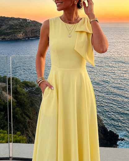 Women's Bowknot A Line Midi Dress Sleeveless Crewneck High Waist Party Dress Elegant Evening Gown