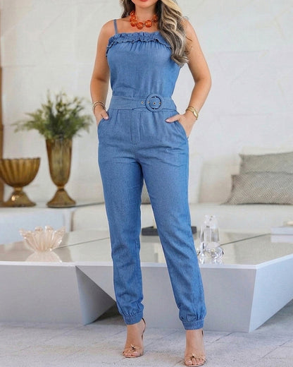 Women's Denim Look 2 Piece Set Adjustable Cami Frill Hem Top and High Waisted Cuffed Pants Set with Pockets