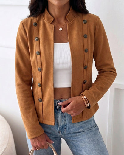 Double Breasted Decor Stand Collar Open Front Faux Suede Jacket Casual Coat