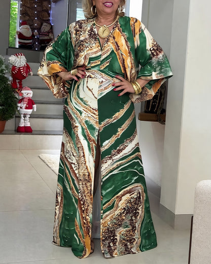 Landscape Print V Neck Lantern Sleeve Front High Slit Maxi Dress Casual Cinched Waist Vacation Dress