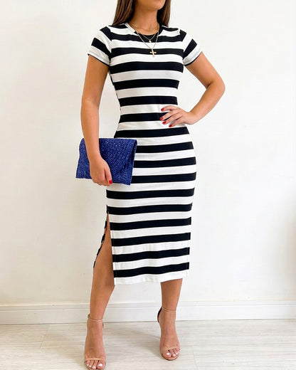 Women's Casual Striped Midi Dress Short Sleeve Crewneck Tie Waist T Shirt Dress Side Slit Commuting Dress