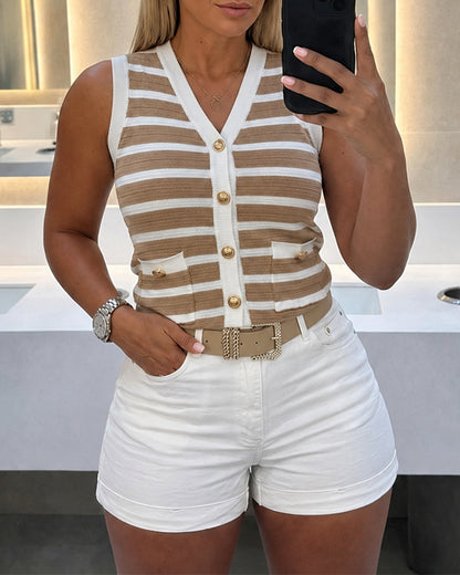 Women's Striped V-Neck Knit Vest Gold Button Sleeveless Sweater Tank Cropped Slim Fit Layering Top