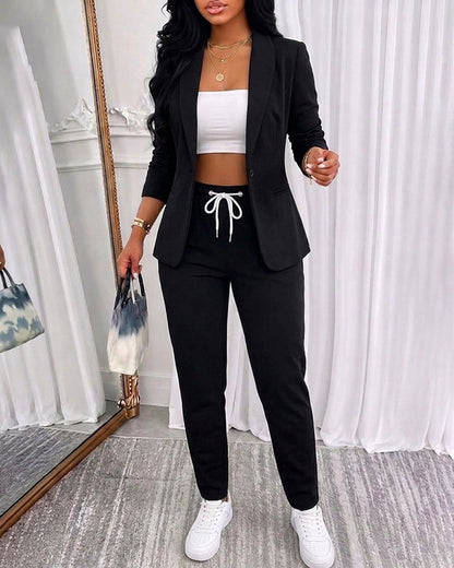 2 Pieces Outfit Shawl Collar Single Breasted Pockets Design Blazer Coat and Drawstring Elastic Waist Slim Fit Pants Set