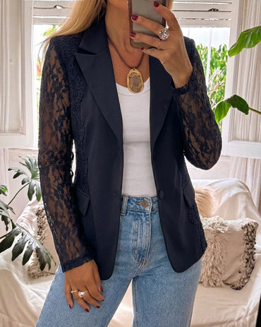 Women's Lace Patchwork Blazer Elegant Sheer Sleeve Single Breasted Coat