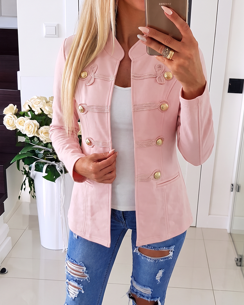 Women's Stand Collar Frog Button Padded Shoulder Slim Fit Military Jacket