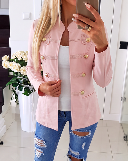 Women's Stand Collar Frog Button Padded Shoulder Slim Fit Military Jacket