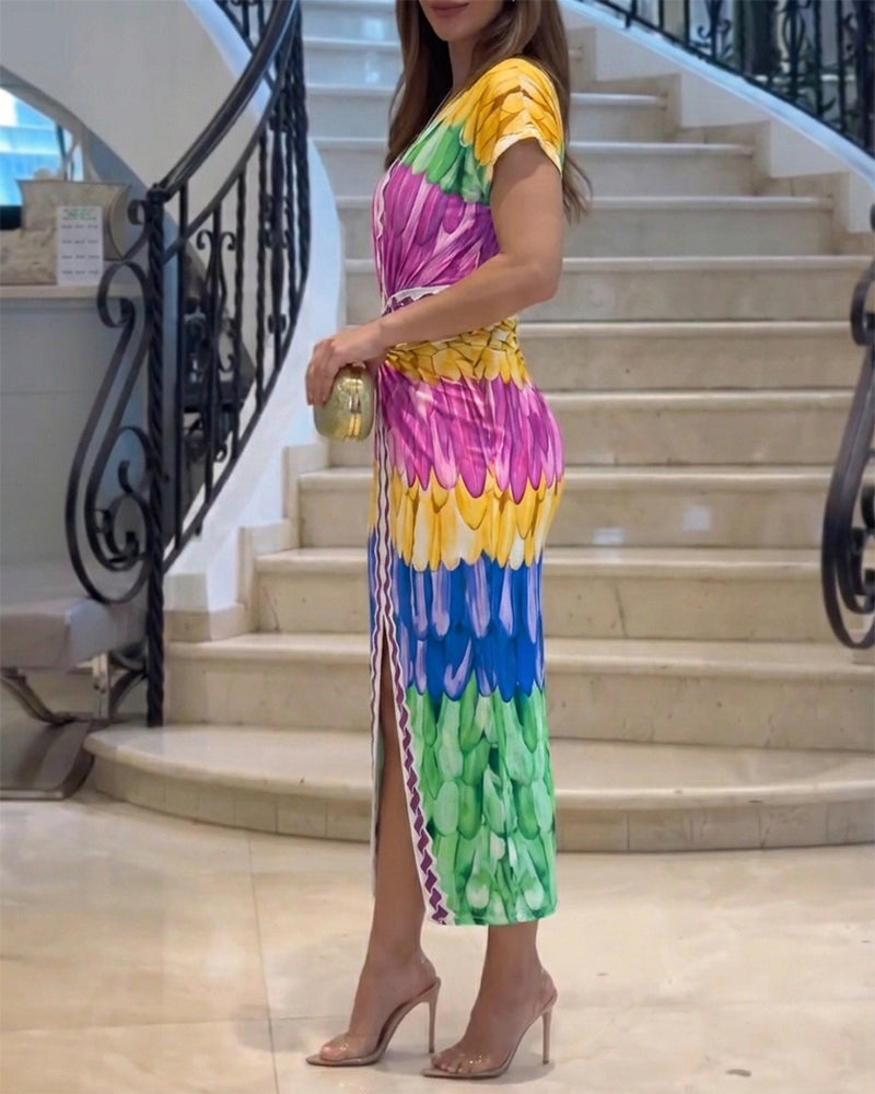 Multi-color Print Deep V-Neck Front Slit Dress Casual Twist Front Cinched Waist Vacation Dress