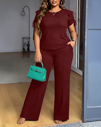 2 Pieces Outfit Ruffles Decor Drawstring Short Sleeve Top and Casual Elastic Waist Seam Front Wide Leg Pants Set