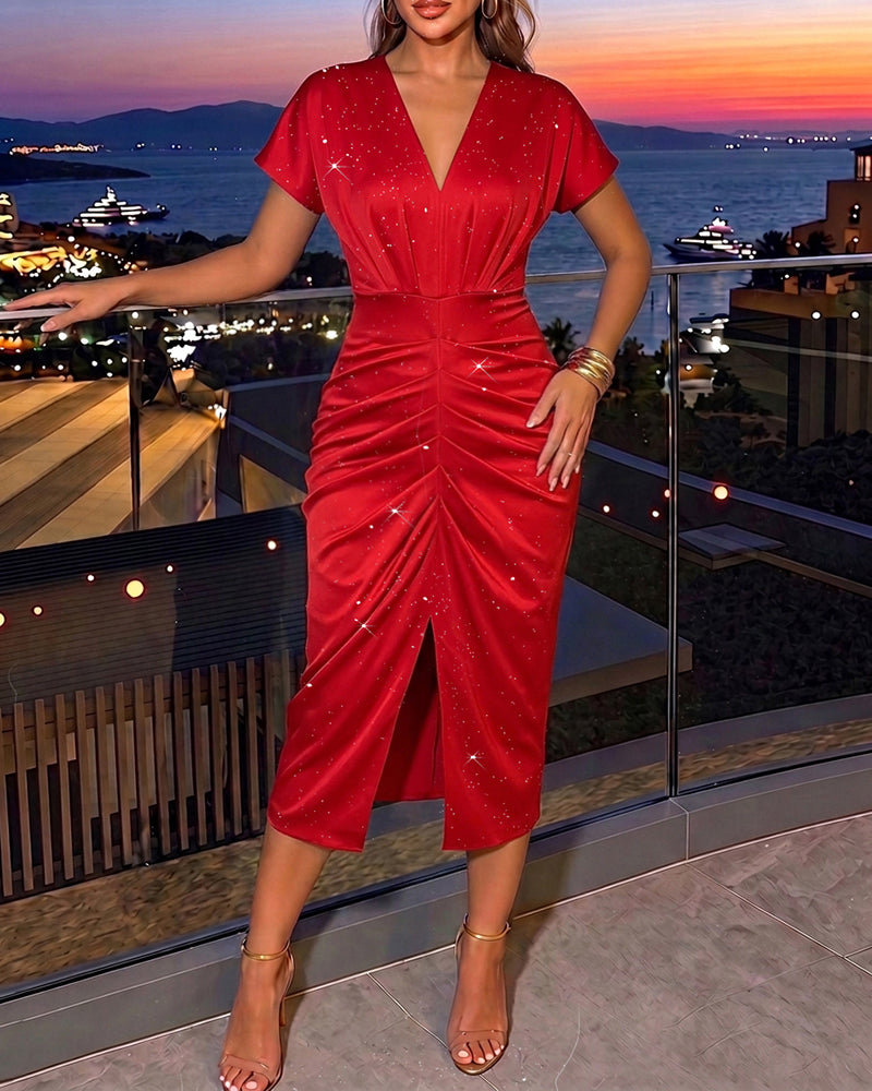 Women's Deep V Neck Glitter Bodycon Dress Ruched Batwing Sleeve High Slit Evening Gown Sparkly Cocktail Party Dress