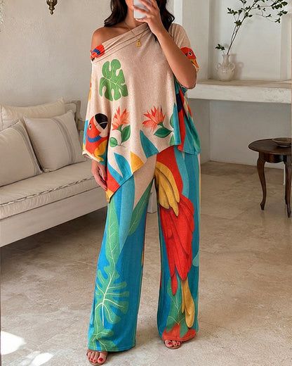 Women's 2-Piece Tropical Print Outfit Off Shoulder Batwing Sleeve Loose Top and Wide Leg Pants Set Casual Vacation Matching Suit