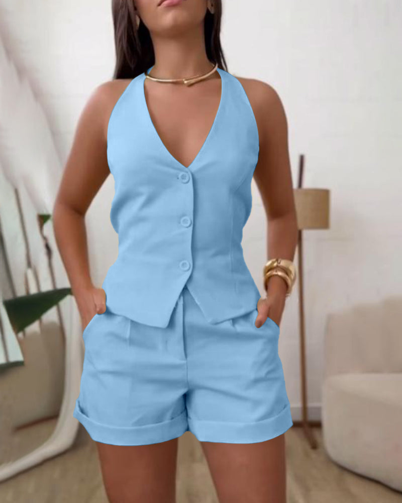2 Pieces Outfit V Neck Button Front Bow Tie Back Sleeveless Backless Top And Casual Elastic Back Waist Zipper Fly Shorts Set