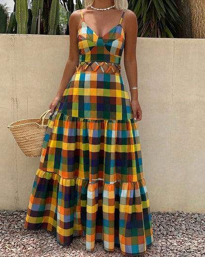 Women's Colorblock Plaid Hollow-out Maxi Dress V Neck Backless Ruffle Cami Dress Casual Shirred Beach Sundress