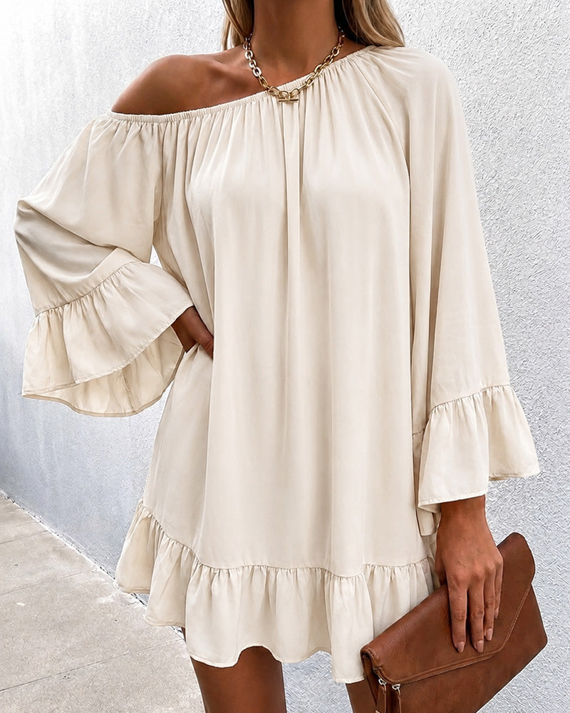 Women's Ruffle Loose Dress Elastic Convertible Shoulder Flare Sleeve Boho Mini Dress
